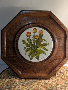Vintage Goodwood Trivet Hot Plate Wood Ceramic Pottery Floral 12” Octagon Shape